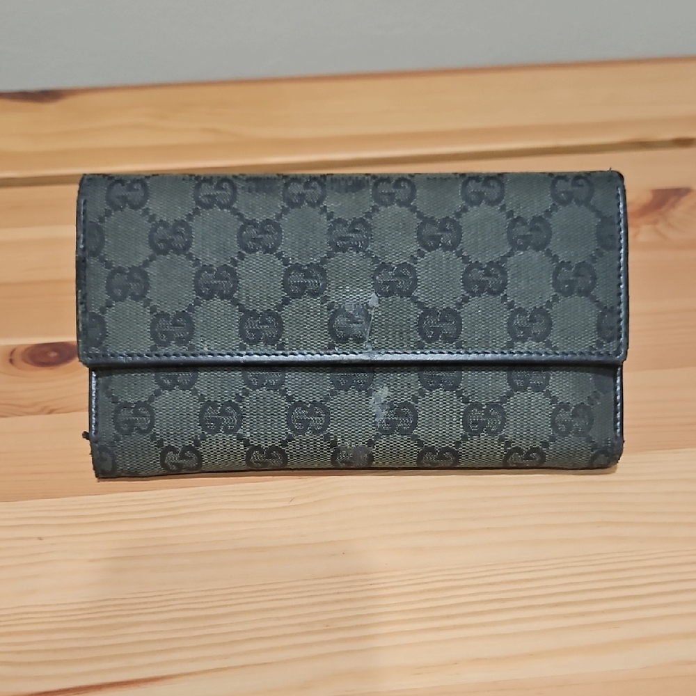 Gucci GG Monogram Black Canvas Leather Trifold Long Continental Wallet Vintage